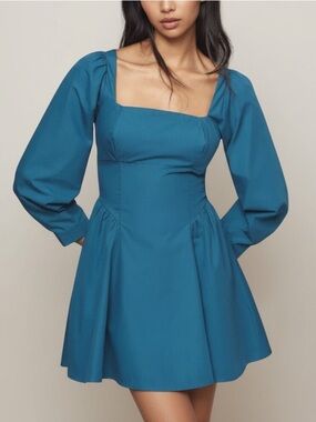 Anthropologie Teal Square-Neck Puff-Sleeve Mini Dress